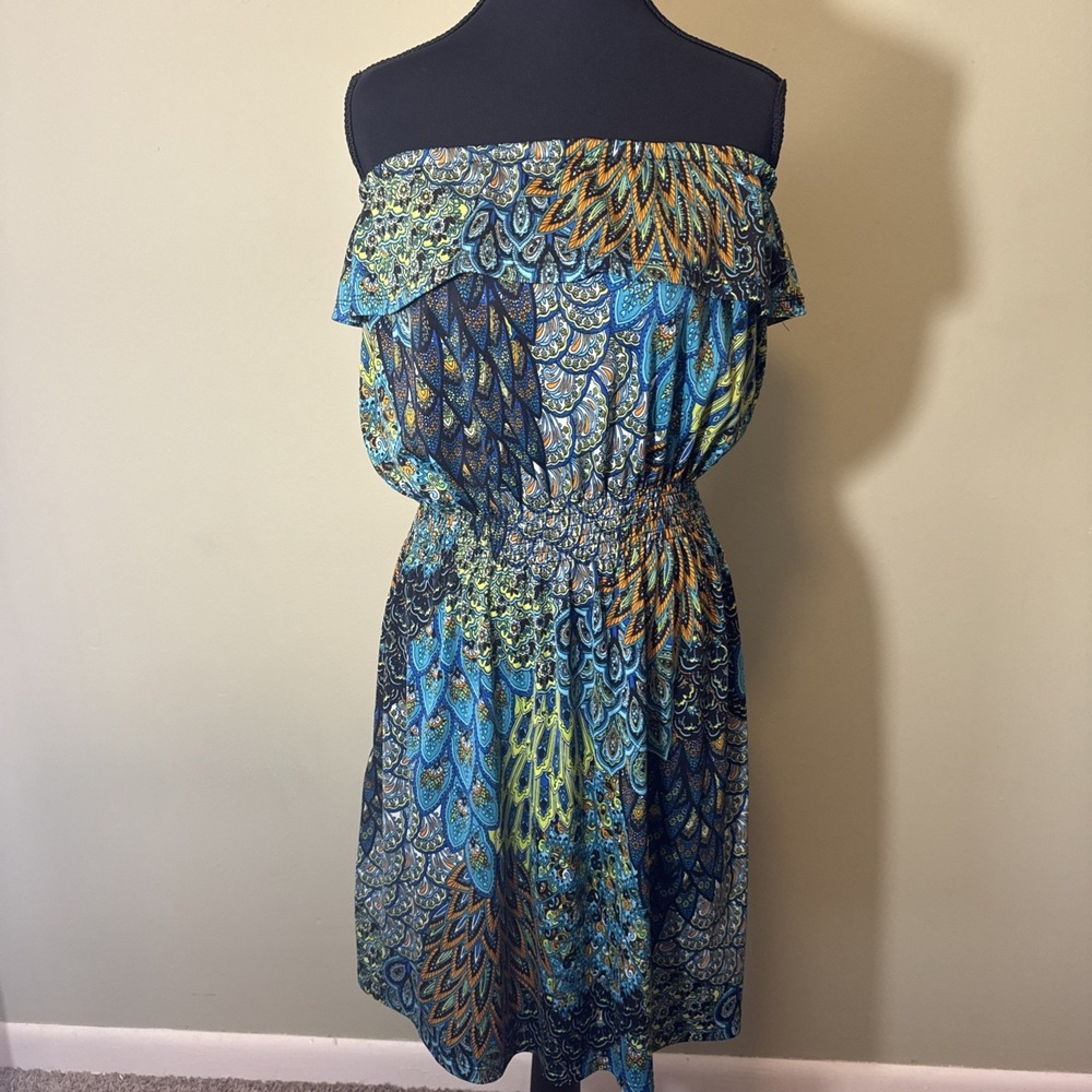 Strapless Boho Paisley‎ Peacock Print Dress Smocked Waist Blue Festival Large